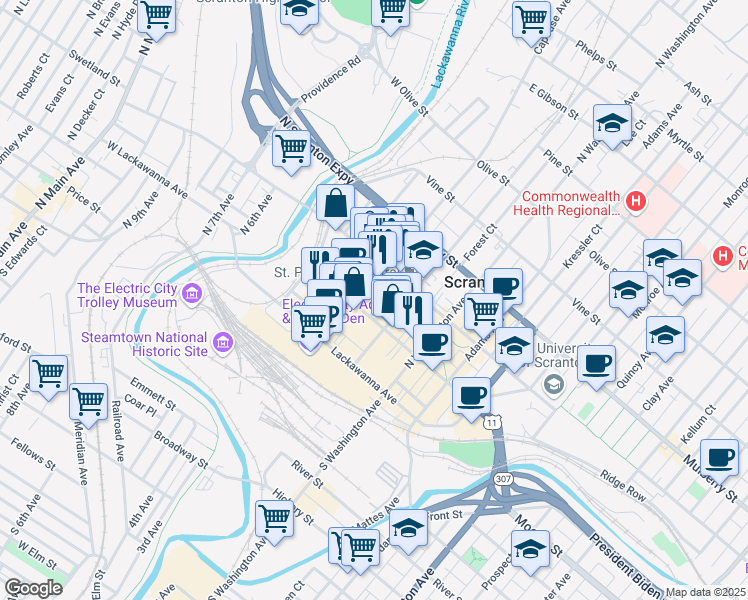 map of restaurants, bars, coffee shops, grocery stores, and more near in Scranton