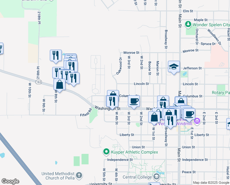 map of restaurants, bars, coffee shops, grocery stores, and more near 1113 Lincoln Street in Pella