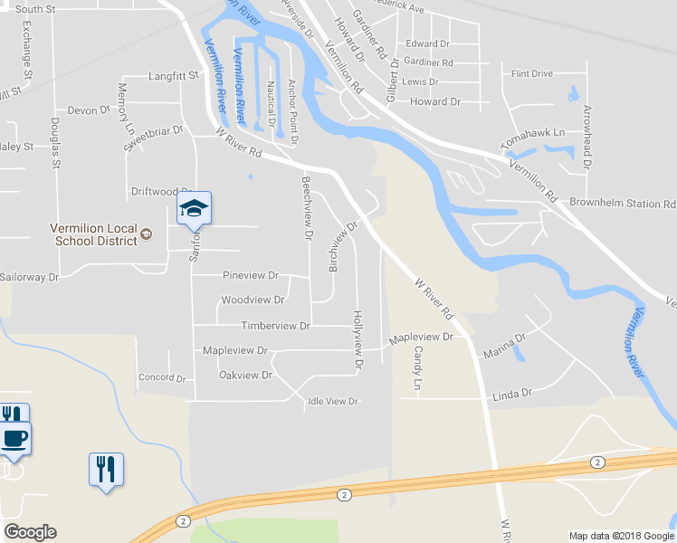 map of restaurants, bars, coffee shops, grocery stores, and more near 1327 Birchview Drive in Vermilion