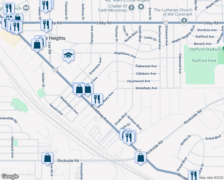 map of restaurants, bars, coffee shops, grocery stores, and more near 5570 Waterbury Avenue in Maple Heights