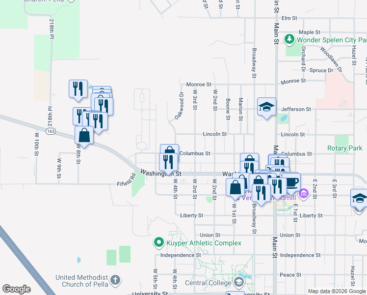 map of restaurants, bars, coffee shops, grocery stores, and more near 1113 Lincoln Street in Pella