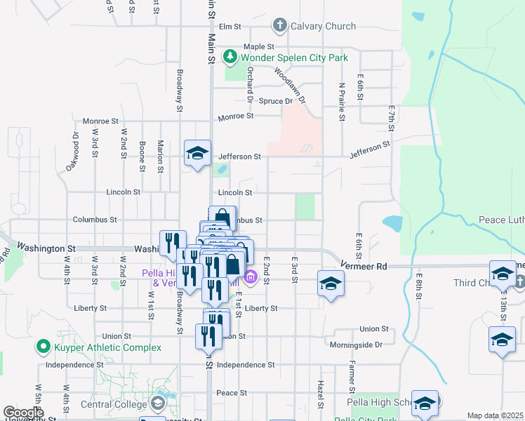map of restaurants, bars, coffee shops, grocery stores, and more near 1014 East 2nd Street in Pella