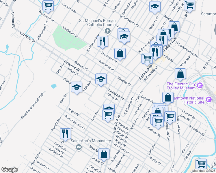 map of restaurants, bars, coffee shops, grocery stores, and more near 1202 Luzerne Street in Scranton