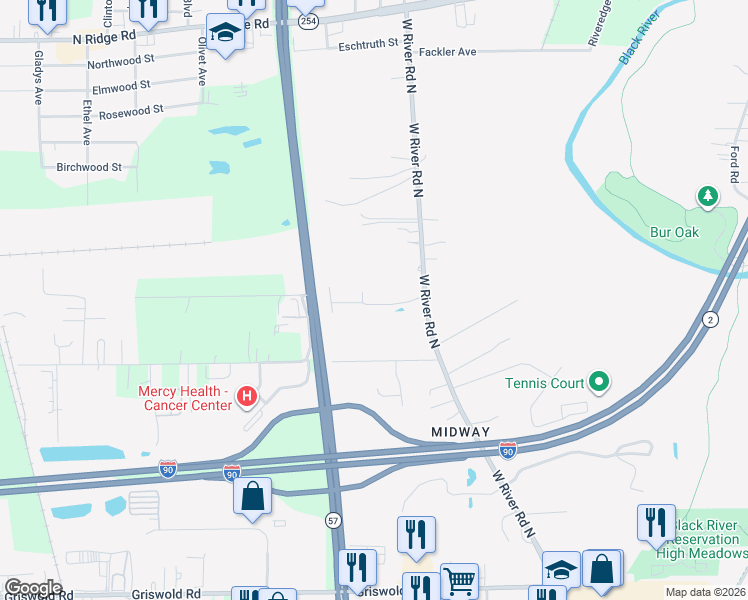 map of restaurants, bars, coffee shops, grocery stores, and more near 147 Stoney Brook Drive in Elyria