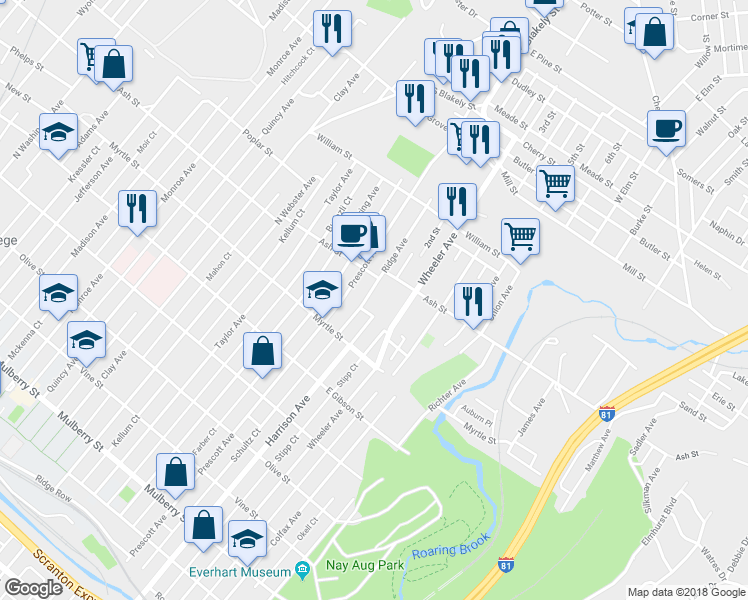 map of restaurants, bars, coffee shops, grocery stores, and more near 954 Ridge Avenue in Scranton