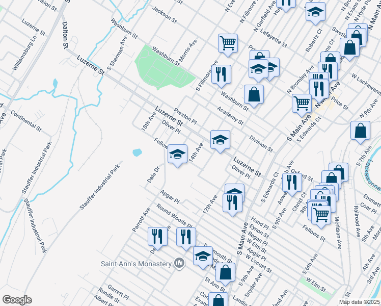 map of restaurants, bars, coffee shops, grocery stores, and more near 1419 Luzerne Street in Scranton