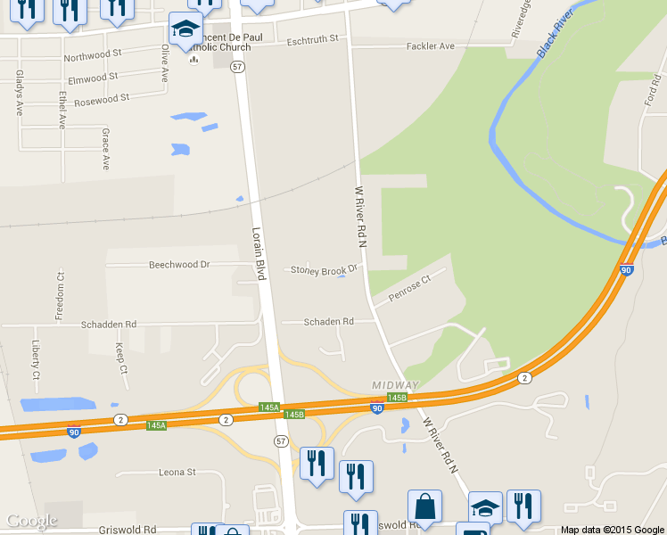 map of restaurants, bars, coffee shops, grocery stores, and more near 147 Stoney Brook Dr in Elyria