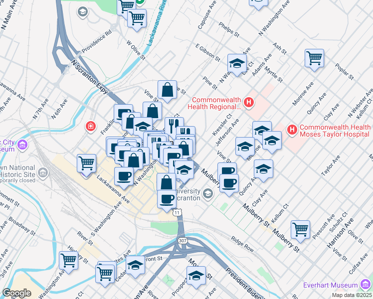 map of restaurants, bars, coffee shops, grocery stores, and more near 401-499 Dix Court in Scranton