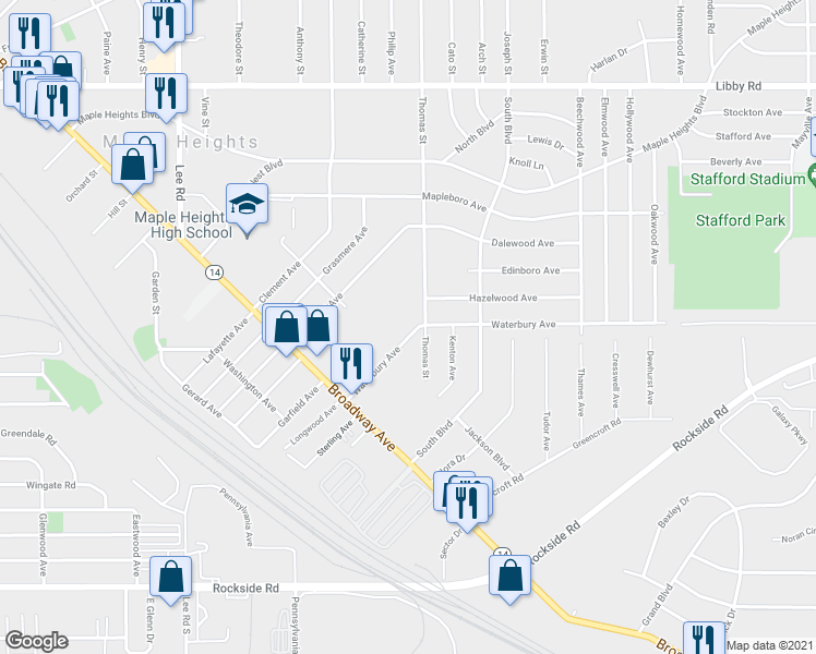 map of restaurants, bars, coffee shops, grocery stores, and more near 5566 Waterbury Avenue in Maple Heights