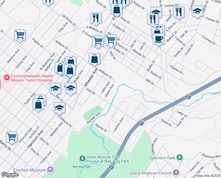 map of restaurants, bars, coffee shops, grocery stores, and more near 1098 Union Ave in Scranton