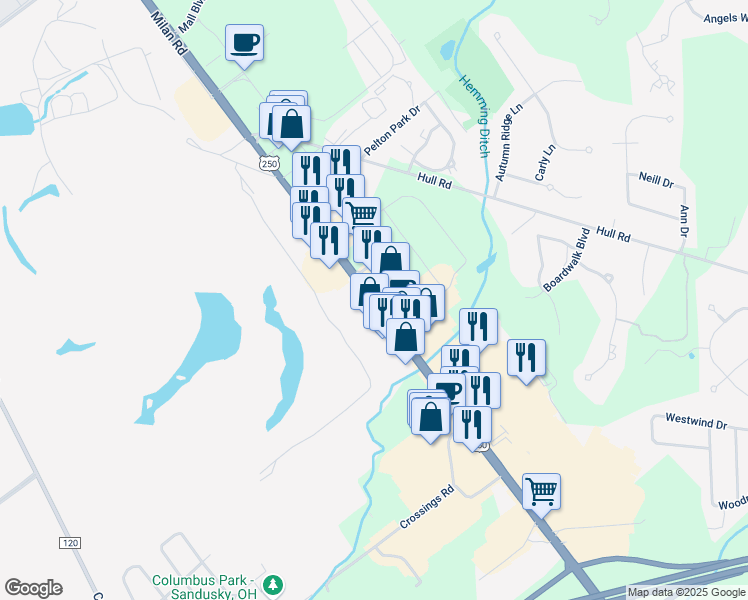 map of restaurants, bars, coffee shops, grocery stores, and more near 4816 Milan Road in Sandusky