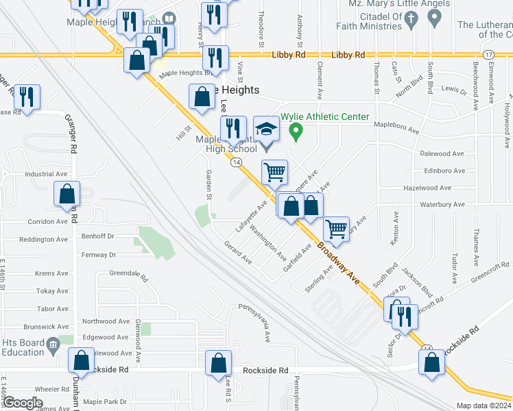map of restaurants, bars, coffee shops, grocery stores, and more near 5596 Lafayette Avenue in Maple Heights