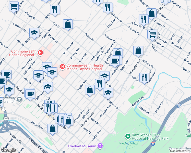 map of restaurants, bars, coffee shops, grocery stores, and more near 900 Taylor Avenue in Scranton