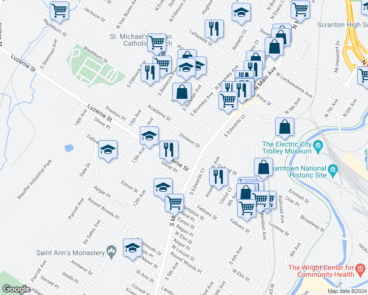 map of restaurants, bars, coffee shops, grocery stores, and more near 1141 Division Street in Scranton