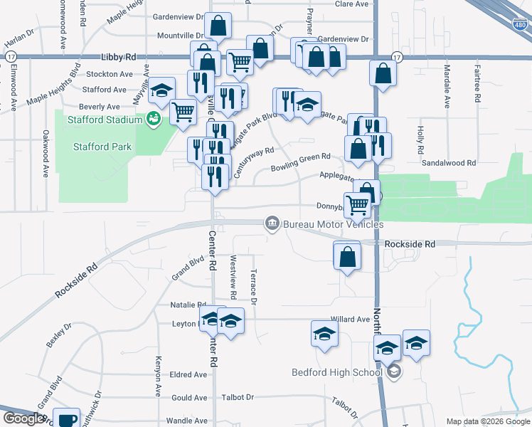 map of restaurants, bars, coffee shops, grocery stores, and more near 20651 Donnybrook Road in Maple Heights
