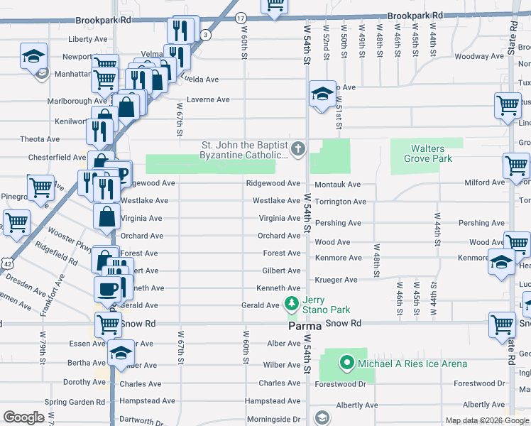 map of restaurants, bars, coffee shops, grocery stores, and more near 5814 Westlake Avenue in Parma