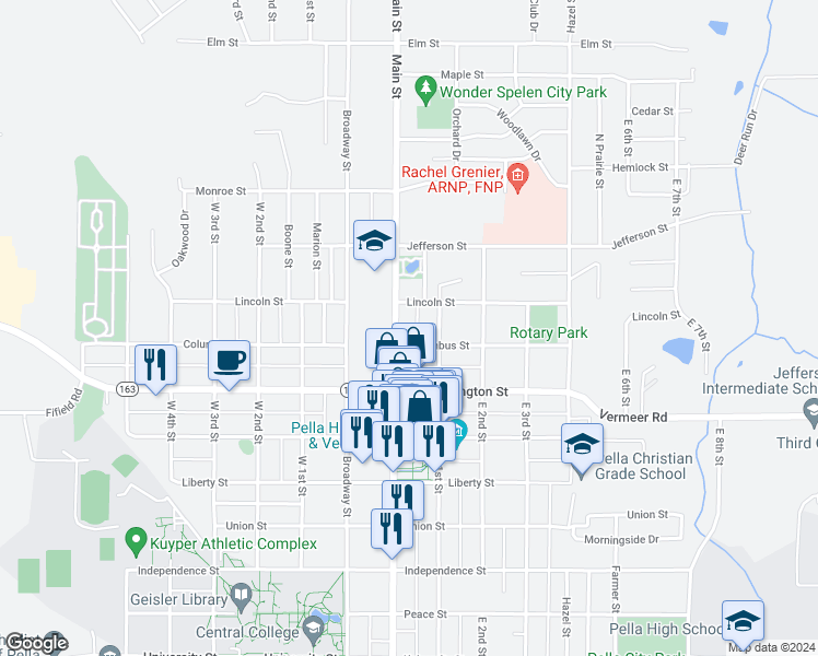 map of restaurants, bars, coffee shops, grocery stores, and more near 1004 Main Street in Pella