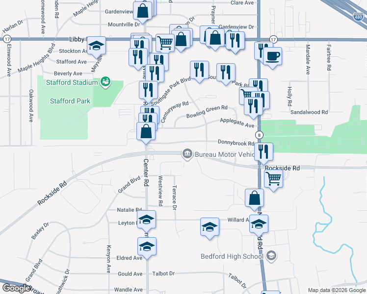 map of restaurants, bars, coffee shops, grocery stores, and more near 20651 Donnybrook Road in Maple Heights