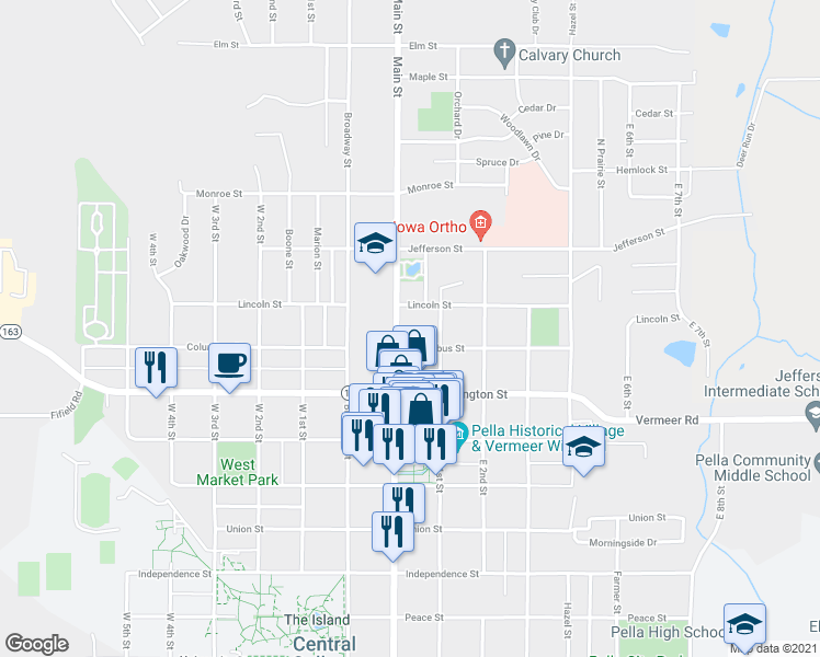 map of restaurants, bars, coffee shops, grocery stores, and more near 1004 Main Street in Pella