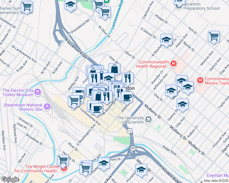 map of restaurants, bars, coffee shops, grocery stores, and more near in Scranton