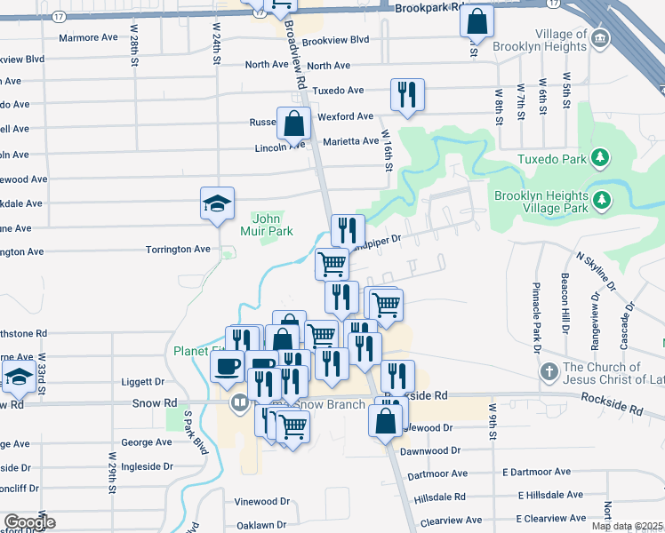 map of restaurants, bars, coffee shops, grocery stores, and more near 5676 Broadview Road in Parma