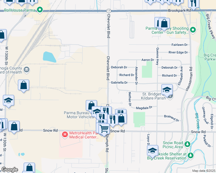 map of restaurants, bars, coffee shops, grocery stores, and more near 5570 Chevrolet Boulevard in Parma