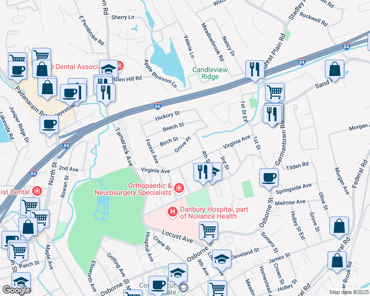map of restaurants, bars, coffee shops, grocery stores, and more near 13 Grove Place in Danbury