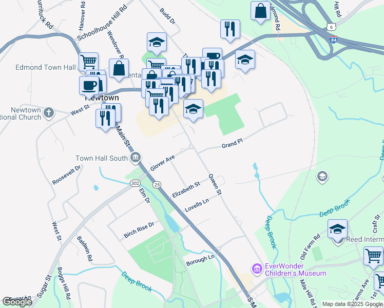 map of restaurants, bars, coffee shops, grocery stores, and more near 19 Glover Avenue in Newtown