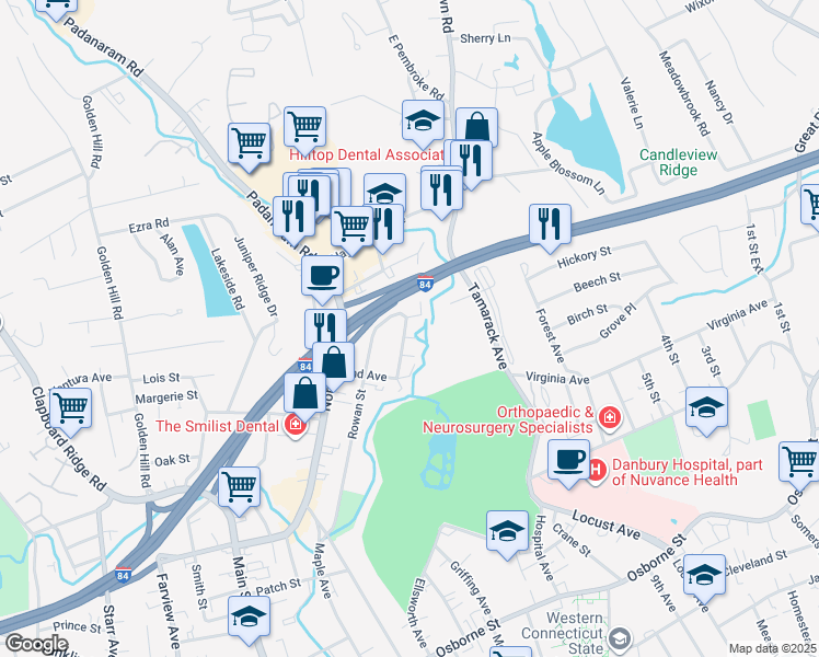 map of restaurants, bars, coffee shops, grocery stores, and more near 20 Oakland Avenue in Danbury