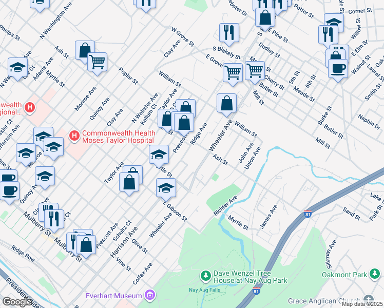 map of restaurants, bars, coffee shops, grocery stores, and more near 1606 Ash Street in Scranton