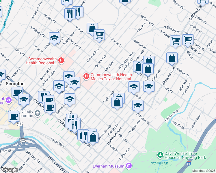 map of restaurants, bars, coffee shops, grocery stores, and more near 801 North Webster Avenue in Scranton