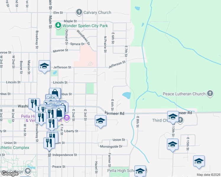 map of restaurants, bars, coffee shops, grocery stores, and more near 104 Lincoln Street in Pella