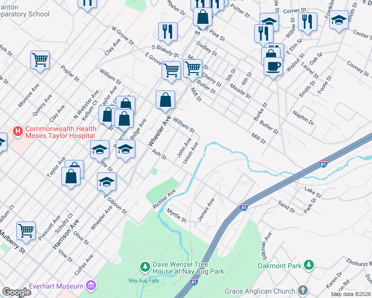 map of restaurants, bars, coffee shops, grocery stores, and more near 1105 John Avenue in Dunmore