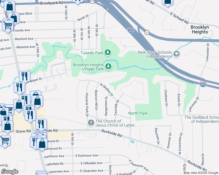 map of restaurants, bars, coffee shops, grocery stores, and more near 5509 Beacon Hill Court in Seven Hills