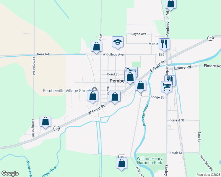 map of restaurants, bars, coffee shops, grocery stores, and more near 219 Perry Street in Pemberville