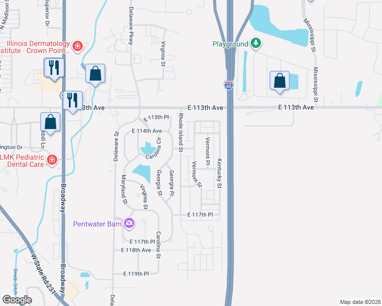 map of restaurants, bars, coffee shops, grocery stores, and more near 11428 Vermont St in Crown Point