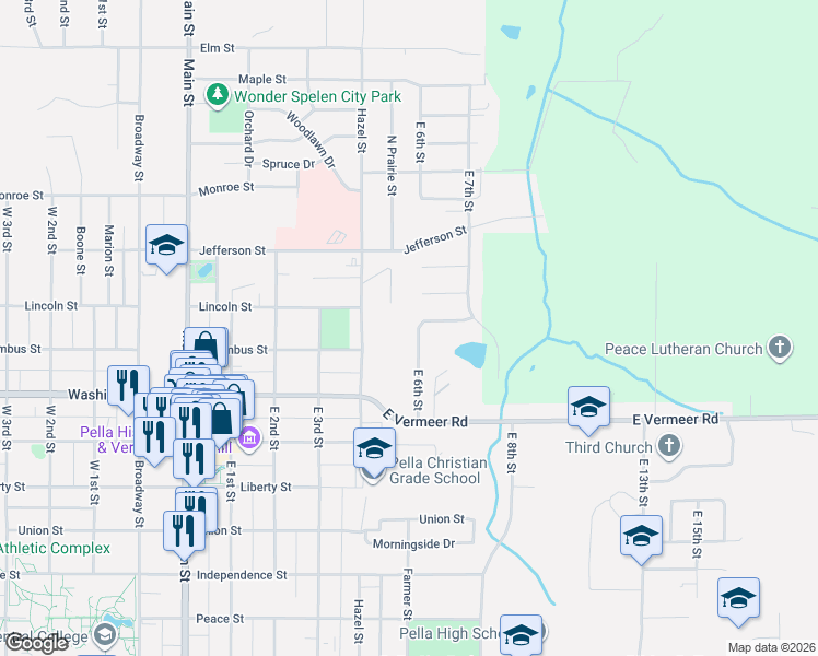 map of restaurants, bars, coffee shops, grocery stores, and more near 104 Lincoln Street in Pella