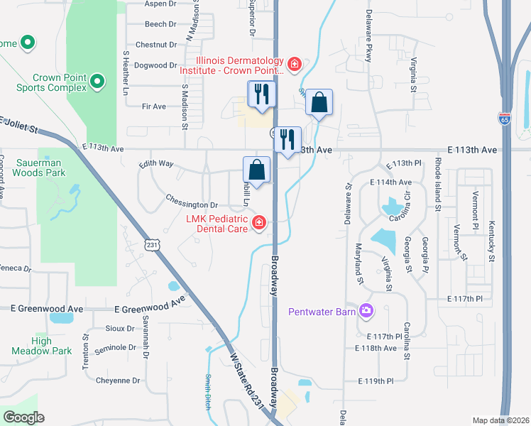 map of restaurants, bars, coffee shops, grocery stores, and more near 11420-11496 Broadway in Crown Point