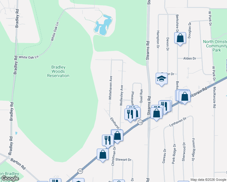 map of restaurants, bars, coffee shops, grocery stores, and more near 5450 Wellesley Avenue in North Olmsted
