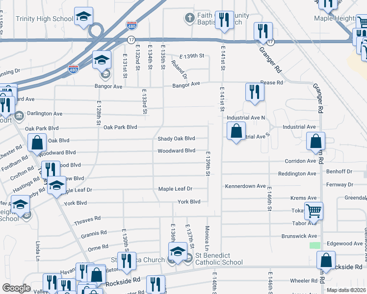 map of restaurants, bars, coffee shops, grocery stores, and more near 13664 Shady Oak Boulevard in Garfield Heights