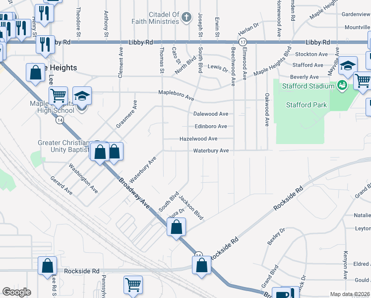 map of restaurants, bars, coffee shops, grocery stores, and more near 5550 South Boulevard in Maple Heights