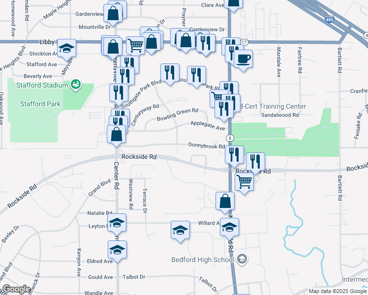 map of restaurants, bars, coffee shops, grocery stores, and more near 20711 Donnybrook Road in Maple Heights