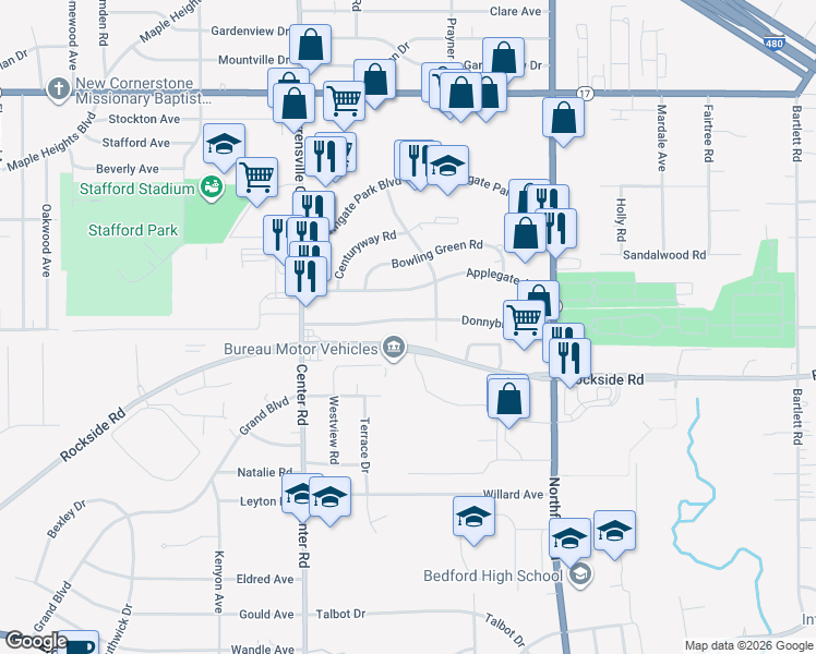 map of restaurants, bars, coffee shops, grocery stores, and more near 20679 Donnybrook Road in Maple Heights