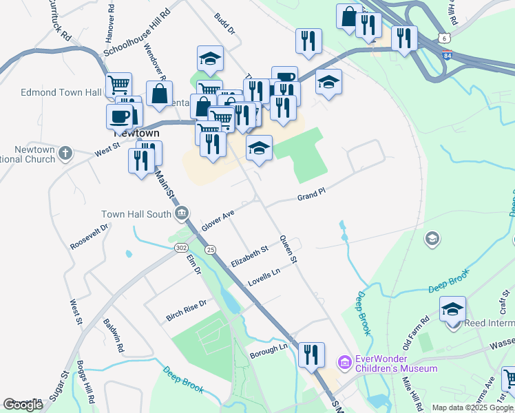 map of restaurants, bars, coffee shops, grocery stores, and more near 19 Glover Avenue in Newtown