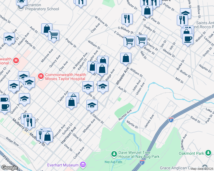 map of restaurants, bars, coffee shops, grocery stores, and more near 1606 Ash Street in Scranton