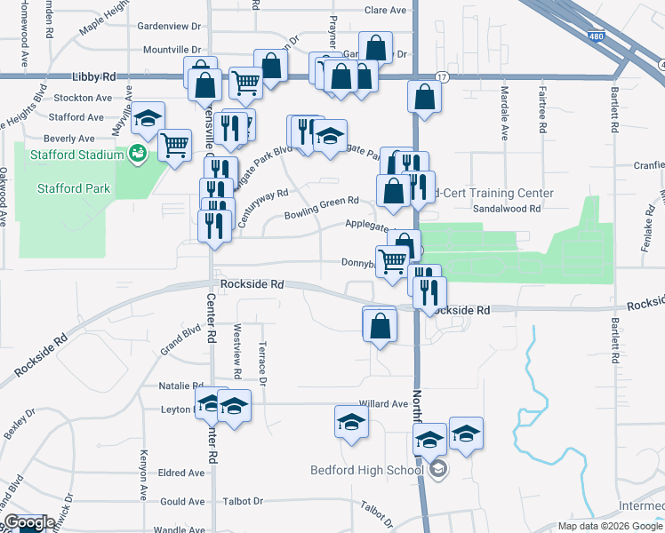 map of restaurants, bars, coffee shops, grocery stores, and more near 20711 Donnybrook Road in Maple Heights