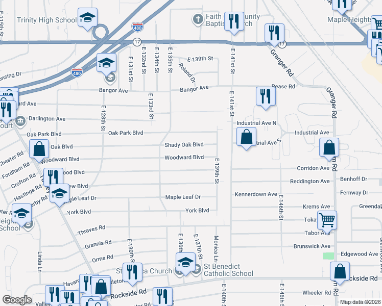 map of restaurants, bars, coffee shops, grocery stores, and more near 13664 Shady Oak Boulevard in Garfield Heights