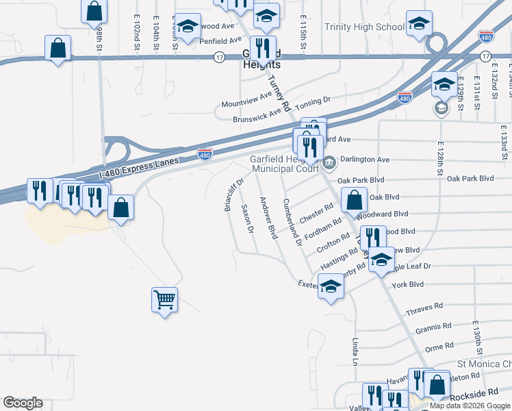 map of restaurants, bars, coffee shops, grocery stores, and more near 5564 Andover Boulevard in Garfield Heights