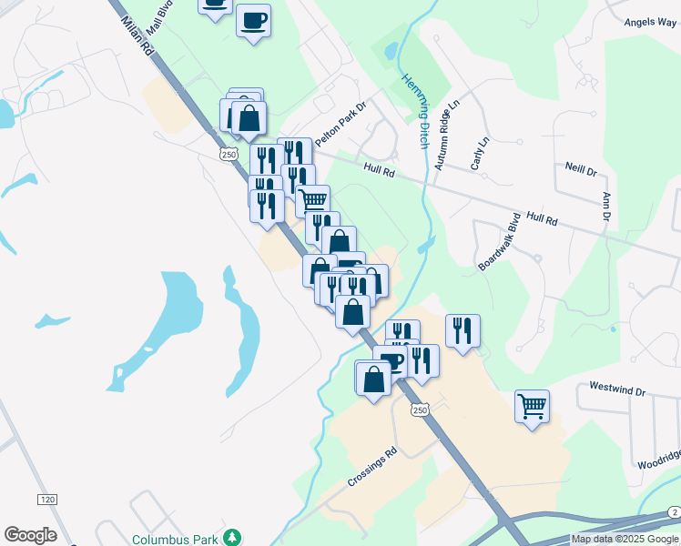 map of restaurants, bars, coffee shops, grocery stores, and more near 4816 Milan Road in Sandusky