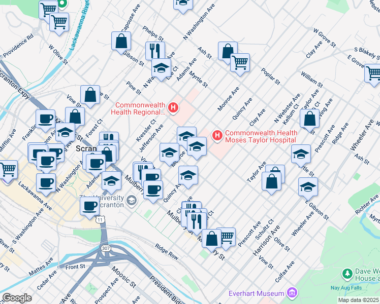 map of restaurants, bars, coffee shops, grocery stores, and more near 624 Monroe Avenue in Scranton